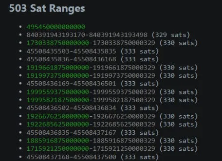 One large UTXO with an uncommon and Block 9 order. Green represents uncommon sats, and the 333 sat ranges are Block 9.