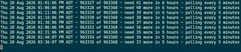 A script running to broadcast our transaction on block 963,368 to confirm on block 963,369.